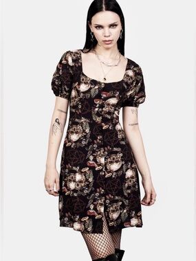 Disturbia Gothic Skull Print Puff Sleeve Dress in Black